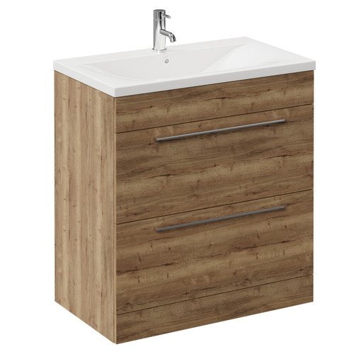Napoli Tobacco Oak 800mm Floor Standing Vanity Unit with 1 Tap Hole Glide Basin and 2 Drawers with Chrome Handles Left Hand View