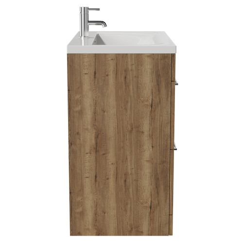 Napoli Tobacco Oak 800mm Floor Standing Vanity Unit with 1 Tap Hole Glide Basin and 2 Drawers with Chrome Handles View from Side