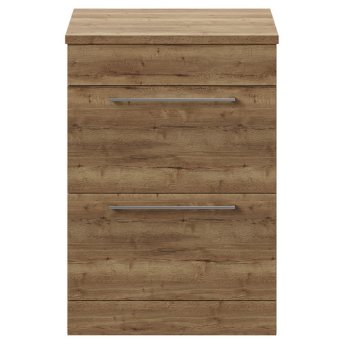 Napoli Tobacco Oak 600mm Floor Standing Vanity Unit for Countertop Basins with 2 Drawers and Chrome Handles View from Front