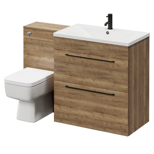 Napoli Tobacco Oak 1300mm Vanity Unit Toilet Suite with 1 Tap Hole Glide Basin and 2 Drawers with Matt Black Handles Right Hand View