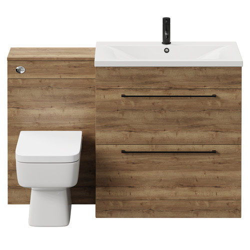 Napoli Tobacco Oak 1300mm Vanity Unit Toilet Suite with 1 Tap Hole Glide Basin and 2 Drawers with Matt Black Handles View from Front