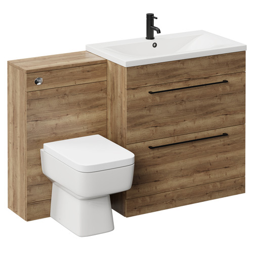 Napoli Tobacco Oak 1300mm Vanity Unit Toilet Suite with 1 Tap Hole Glide Basin and 2 Drawers with Matt Black Handles Left Hand View