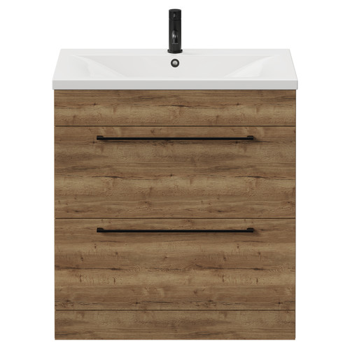 Napoli Tobacco Oak 800mm Floor Standing Vanity Unit with 1 Tap Hole Glide Basin and 2 Drawers with Matt Black Handles View from Front