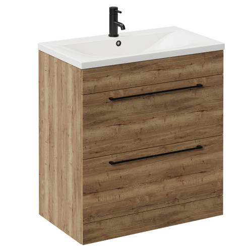 Napoli Tobacco Oak 800mm Floor Standing Vanity Unit with 1 Tap Hole Glide Basin and 2 Drawers with Matt Black Handles Left Hand View