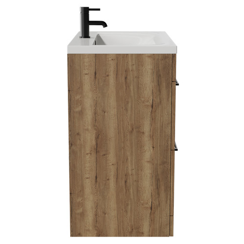 Napoli Tobacco Oak 800mm Floor Standing Vanity Unit with 1 Tap Hole Glide Basin and 2 Drawers with Matt Black Handles View from Side