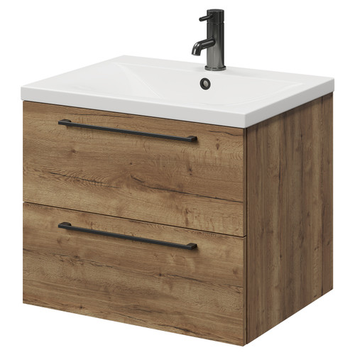Napoli Tobacco Oak 600mm Wall Mounted Vanity Unit with 1 Tap Hole Glide Basin and 2 Drawers with Gunmetal Grey Handles Right Hand View
