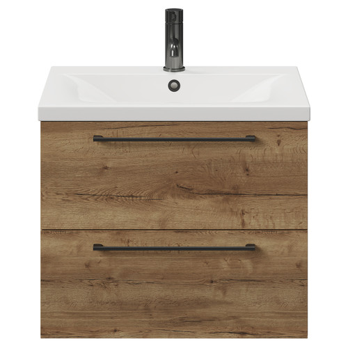 Napoli Tobacco Oak 600mm Wall Mounted Vanity Unit with 1 Tap Hole Glide Basin and 2 Drawers with Gunmetal Grey Handles View from Front