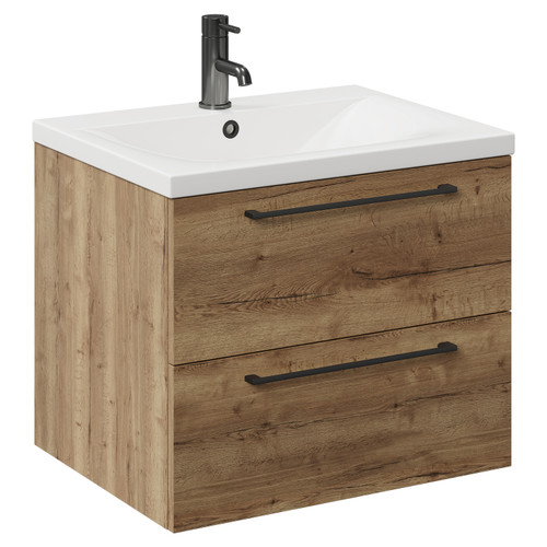 Napoli Tobacco Oak 600mm Wall Mounted Vanity Unit with 1 Tap Hole Glide Basin and 2 Drawers with Gunmetal Grey Handles Left Hand View
