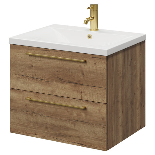 Napoli Tobacco Oak 600mm Wall Mounted Vanity Unit with 1 Tap Hole Glide Basin and 2 Drawers with Brushed Brass Handles Right Hand View