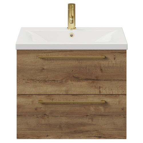 Napoli Tobacco Oak 600mm Wall Mounted Vanity Unit with 1 Tap Hole Glide Basin and 2 Drawers with Brushed Brass Handles View from Front