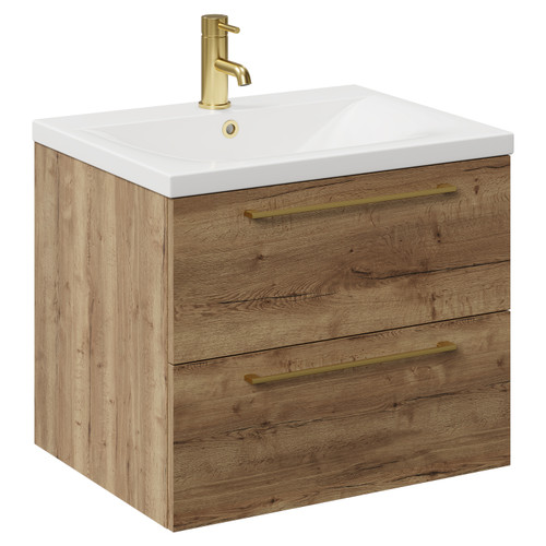 Napoli Tobacco Oak 600mm Wall Mounted Vanity Unit with 1 Tap Hole Glide Basin and 2 Drawers with Brushed Brass Handles Left Hand View