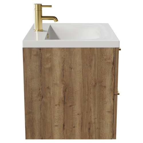 Napoli Tobacco Oak 600mm Wall Mounted Vanity Unit with 1 Tap Hole Glide Basin and 2 Drawers with Brushed Brass Handles View from Side