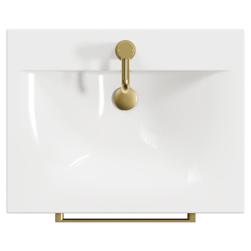 Napoli Tobacco Oak 600mm Wall Mounted Vanity Unit with 1 Tap Hole Glide Basin and 2 Drawers with Brushed Brass Handles View from Top