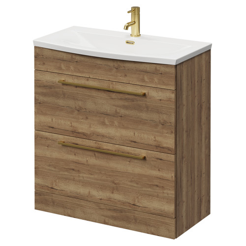 Napoli Tobacco Oak 800mm Floor Standing Vanity Unit with 1 Tap Hole Curved Basin and 2 Drawers with Brushed Brass Handles Right Hand View