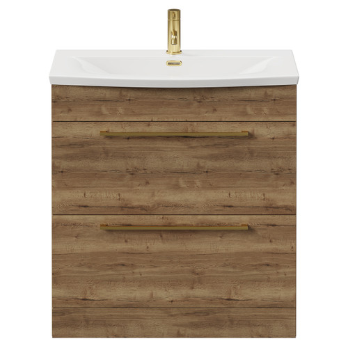 Napoli Tobacco Oak 800mm Floor Standing Vanity Unit with 1 Tap Hole Curved Basin and 2 Drawers with Brushed Brass Handles View from Front