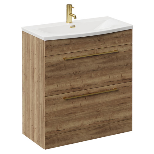 Napoli Tobacco Oak 800mm Floor Standing Vanity Unit with 1 Tap Hole Curved Basin and 2 Drawers with Brushed Brass Handles Left Hand View