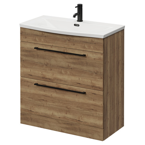 Napoli Tobacco Oak 800mm Floor Standing Vanity Unit with 1 Tap Hole Curved Basin and 2 Drawers with Matt Black Handles Right Hand View