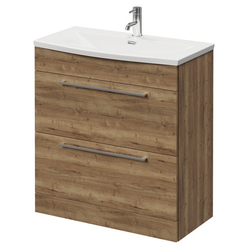 Napoli Tobacco Oak 800mm Floor Standing Vanity Unit with 1 Tap Hole Curved Basin and 2 Drawers with Chrome Handles Right Hand View