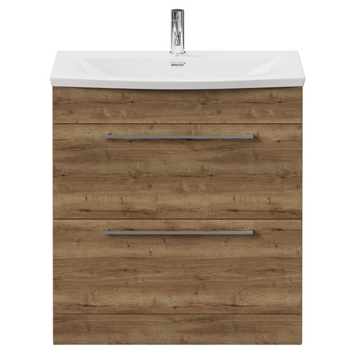 Napoli Tobacco Oak 800mm Floor Standing Vanity Unit with 1 Tap Hole Curved Basin and 2 Drawers with Chrome Handles View from Front