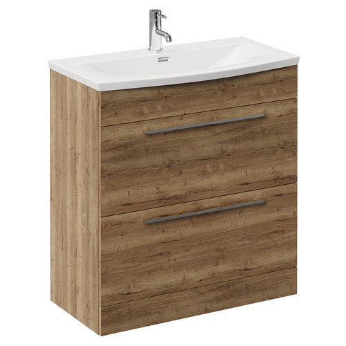 Napoli Tobacco Oak 800mm Floor Standing Vanity Unit with 1 Tap Hole Curved Basin and 2 Drawers with Chrome Handles Left Hand View