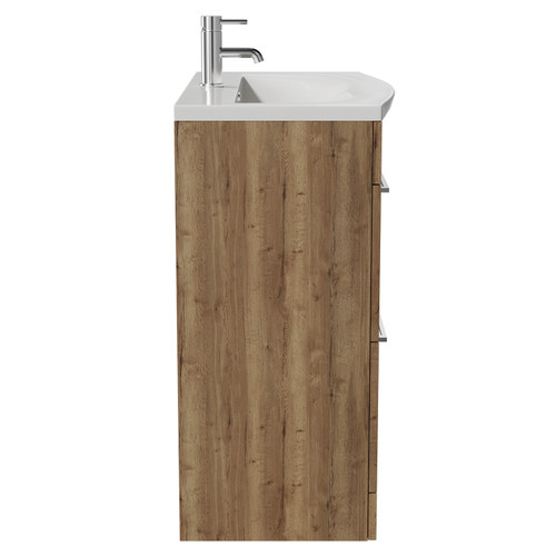 Napoli Tobacco Oak 800mm Floor Standing Vanity Unit with 1 Tap Hole Curved Basin and 2 Drawers with Chrome Handles View from Side