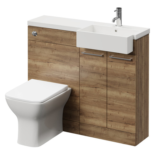 Napoli Combination Tobacco Oak 1000mm Vanity Unit Toilet Suite with Right Hand Square Semi Recessed 1 Tap Hole Basin and 2 Doors with Chrome Handles Right Hand View