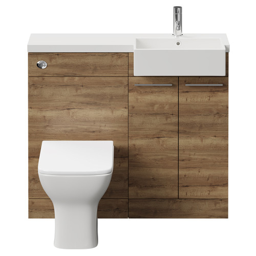 Napoli Combination Tobacco Oak 1000mm Vanity Unit Toilet Suite with Right Hand Square Semi Recessed 1 Tap Hole Basin and 2 Doors with Chrome Handles Front View