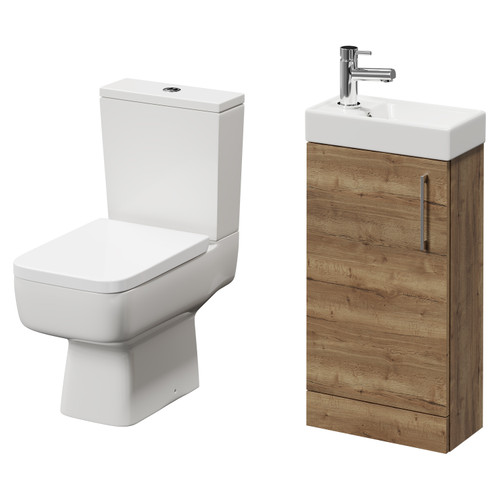 Napoli Compact Tobacco Oak 400mm Cloakroom Vanity Unit and Toilet Suite including Paulo Toilet and Floor Standing Vanity Unit with Single Door and Chrome Handle Right Hand View