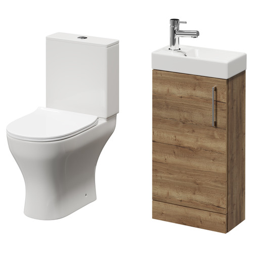 Napoli Compact Tobacco Oak 400mm Cloakroom Vanity Unit and Toilet Suite including Jubilee Open Back Toilet and Floor Standing Vanity Unit with Single Door and Chrome Handle Right Hand View