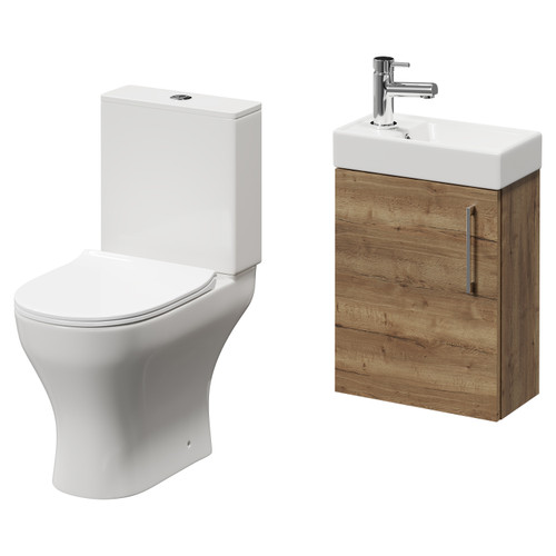 Napoli Compact Tobacco Oak 400mm Cloakroom Vanity Unit and Toilet Suite including Jubilee Open Back Toilet and Wall Mounted Vanity Unit with Single Door and Chrome Handle Right Hand View