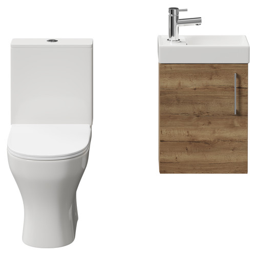 Napoli Compact Tobacco Oak 400mm Cloakroom Vanity Unit and Toilet Suite including Jubilee Open Back Toilet and Wall Mounted Vanity Unit with Single Door and Chrome Handle Front View