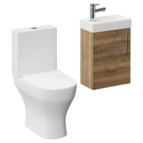 Napoli Compact Tobacco Oak 400mm Cloakroom Vanity Unit and Toilet Suite including Jubilee Open Back Toilet and Wall Mounted Vanity Unit with Single Door and Chrome Handle Left Hand View