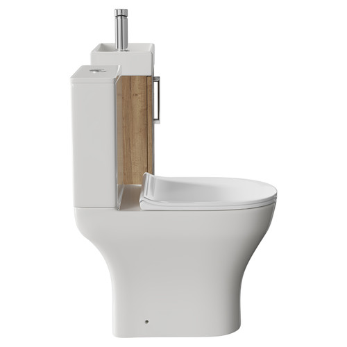 Napoli Compact Tobacco Oak 400mm Cloakroom Vanity Unit and Toilet Suite including Jubilee Open Back Toilet and Wall Mounted Vanity Unit with Single Door and Chrome Handle Side View