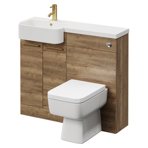 Napoli Combination Tobacco Oak 1000mm Vanity Unit Toilet Suite with Left Hand Round Semi Recessed 1 Tap Hole Basin and 2 Doors with Brushed Brass Handles Right Hand View