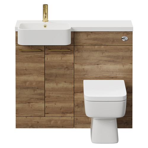 Napoli Combination Tobacco Oak 1000mm Vanity Unit Toilet Suite with Left Hand Round Semi Recessed 1 Tap Hole Basin and 2 Doors with Brushed Brass Handles Front View