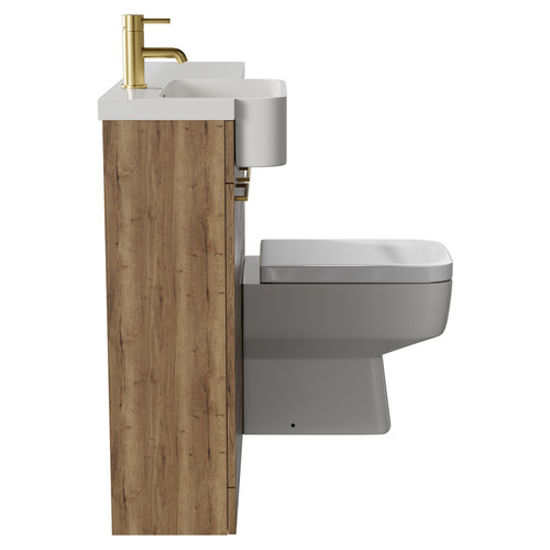 Napoli Combination Tobacco Oak 1000mm Vanity Unit Toilet Suite with Left Hand Round Semi Recessed 1 Tap Hole Basin and 2 Doors with Brushed Brass Handles Side View
