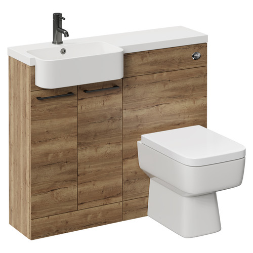 Napoli Combination Tobacco Oak 1000mm Vanity Unit Toilet Suite with Left Hand Round Semi Recessed 1 Tap Hole Basin and 2 Doors with Gunmetal Grey Handles Left Hand View