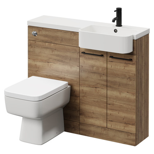 Napoli Combination Tobacco Oak 1000mm Vanity Unit Toilet Suite with Right Hand Round Semi Recessed 1 Tap Hole Basin and 2 Doors with Matt Black Handles Right Hand View