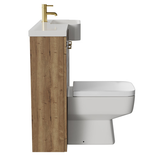 Napoli Combination Tobacco Oak 1000mm Vanity Unit Toilet Suite with Right Hand Round Semi Recessed 1 Tap Hole Basin and 2 Doors with Brushed Brass Handles Side View