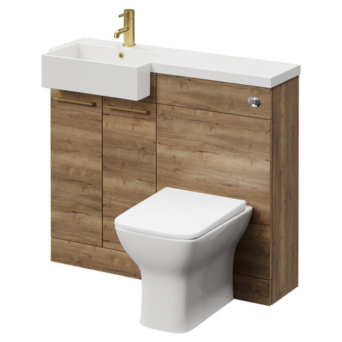 Napoli Combination Tobacco Oak 1000mm Vanity Unit Toilet Suite with Left Hand Square Semi Recessed 1 Tap Hole Basin and 2 Doors with Brushed Brass Handles Right Hand View