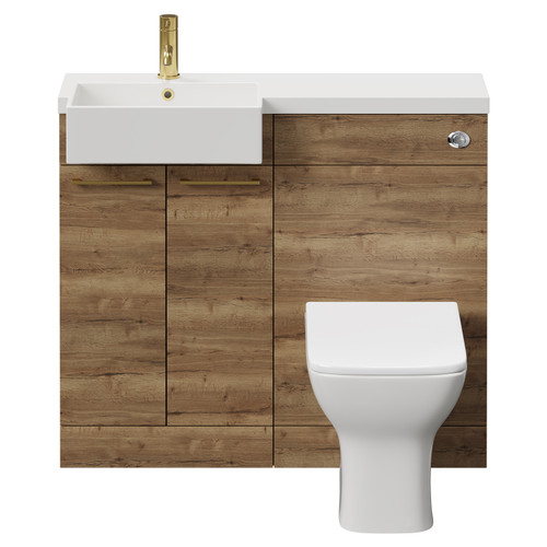 Napoli Combination Tobacco Oak 1000mm Vanity Unit Toilet Suite with Left Hand Square Semi Recessed 1 Tap Hole Basin and 2 Doors with Brushed Brass Handles Front View