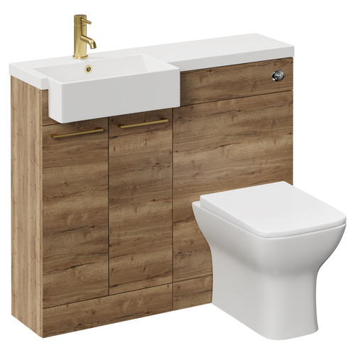 Napoli Combination Tobacco Oak 1000mm Vanity Unit Toilet Suite with Left Hand Square Semi Recessed 1 Tap Hole Basin and 2 Doors with Brushed Brass Handles Left Hand View