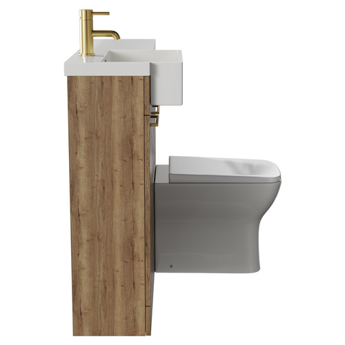 Napoli Combination Tobacco Oak 1000mm Vanity Unit Toilet Suite with Left Hand Square Semi Recessed 1 Tap Hole Basin and 2 Doors with Brushed Brass Handles Side View