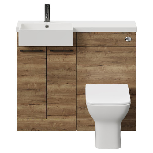Napoli Combination Tobacco Oak 1000mm Vanity Unit Toilet Suite with Left Hand Square Semi Recessed 1 Tap Hole Basin and 2 Doors with Gunmetal Grey Handles Front View