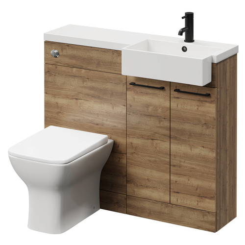 Napoli Combination Tobacco Oak 1000mm Vanity Unit Toilet Suite with Right Hand Square Semi Recessed 1 Tap Hole Basin and 2 Doors with Matt Black Handles Right Hand View