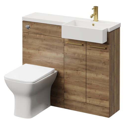 Napoli Combination Tobacco Oak 1000mm Vanity Unit Toilet Suite with Right Hand Square Semi Recessed 1 Tap Hole Basin and 2 Doors with Brushed Brass Handles Right Hand View