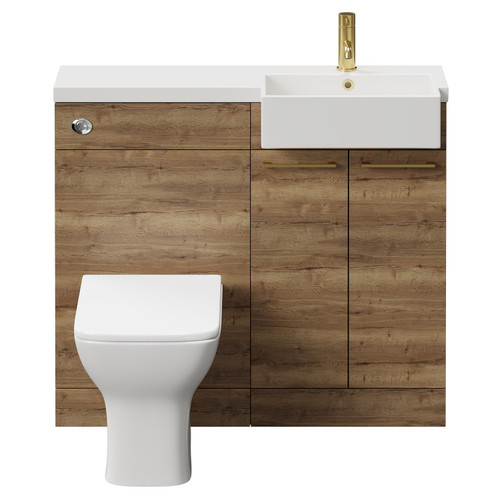 Napoli Combination Tobacco Oak 1000mm Vanity Unit Toilet Suite with Right Hand Square Semi Recessed 1 Tap Hole Basin and 2 Doors with Brushed Brass Handles Front View