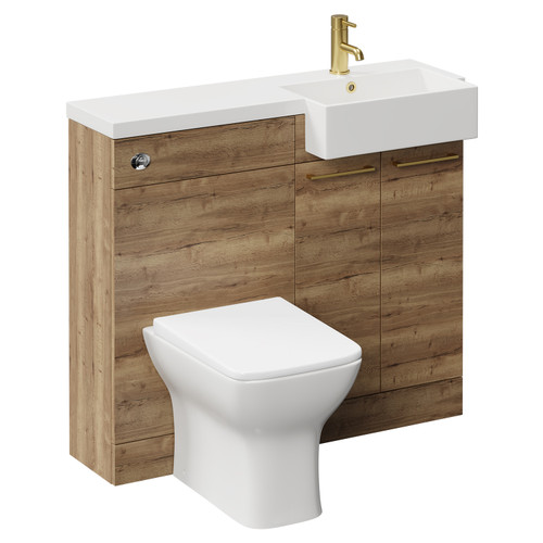 Napoli Combination Tobacco Oak 1000mm Vanity Unit Toilet Suite with Right Hand Square Semi Recessed 1 Tap Hole Basin and 2 Doors with Brushed Brass Handles Left Hand View