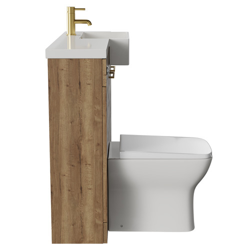 Napoli Combination Tobacco Oak 1000mm Vanity Unit Toilet Suite with Right Hand Square Semi Recessed 1 Tap Hole Basin and 2 Doors with Brushed Brass Handles Side View