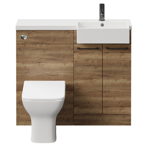 Napoli Combination Tobacco Oak 1000mm Vanity Unit Toilet Suite with Right Hand Square Semi Recessed 1 Tap Hole Basin and 2 Doors with Gunmetal Grey Handles  Front View